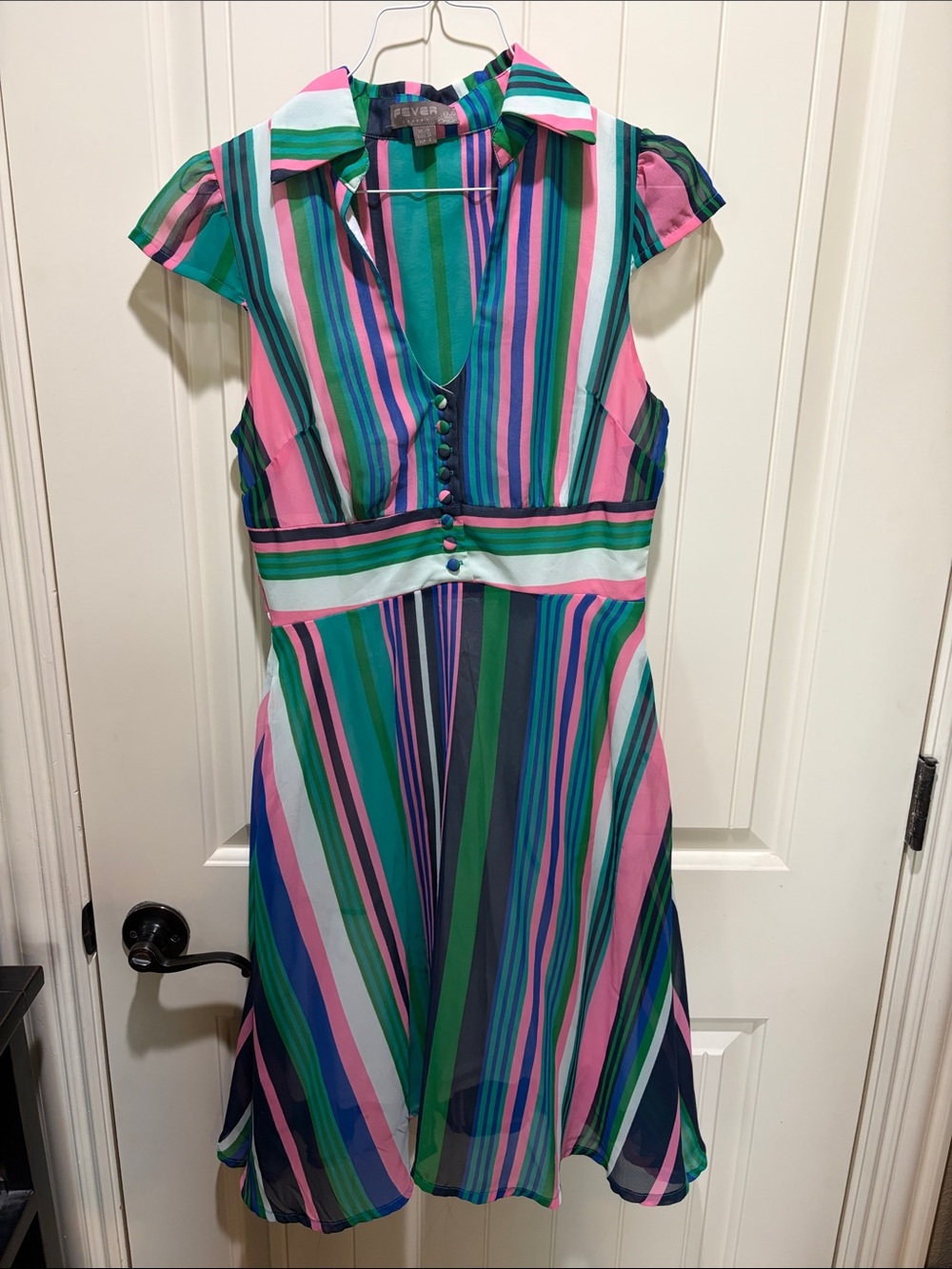 Fever London Multi-Stripe Pink Green Blue Button-Front Dress